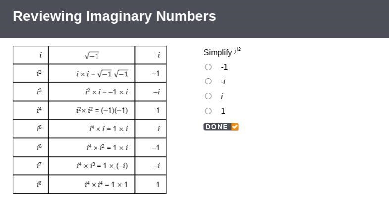 Plz help this question is very confusing Simplify 1^12 -1 -i i 1-example-1