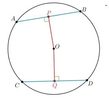 Examine circle O, where chords AB¯¯¯¯¯¯¯¯ and CD¯¯¯¯¯¯¯¯ are congruent. Point P lies-example-1