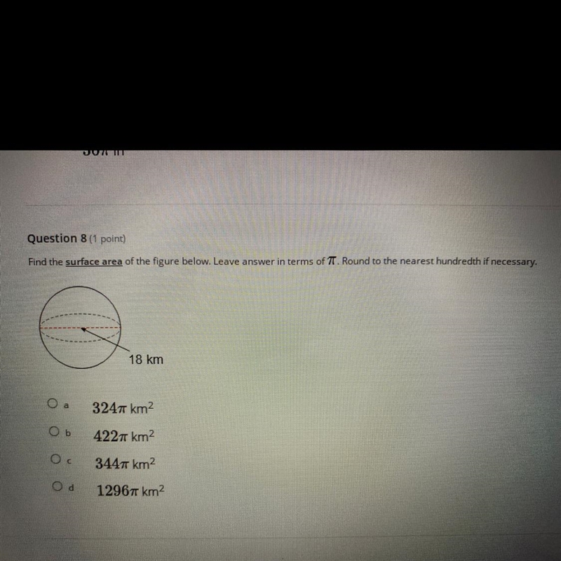 Find the surface area of the figure below. Leave answer in terms of TT. Round to the-example-1