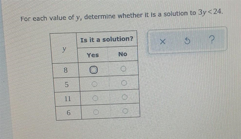 For each value of y , determine whether it is a solution to 3y<24.​-example-1