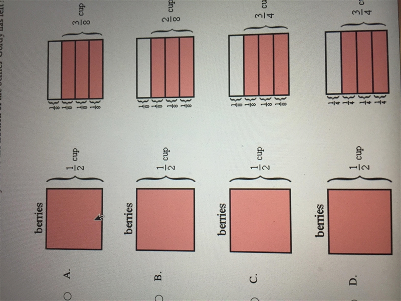 HELP PLEASE HURRY Gordy has 1/2 of a cup of berries to make a smoothie. He uses 3/8 of-example-1