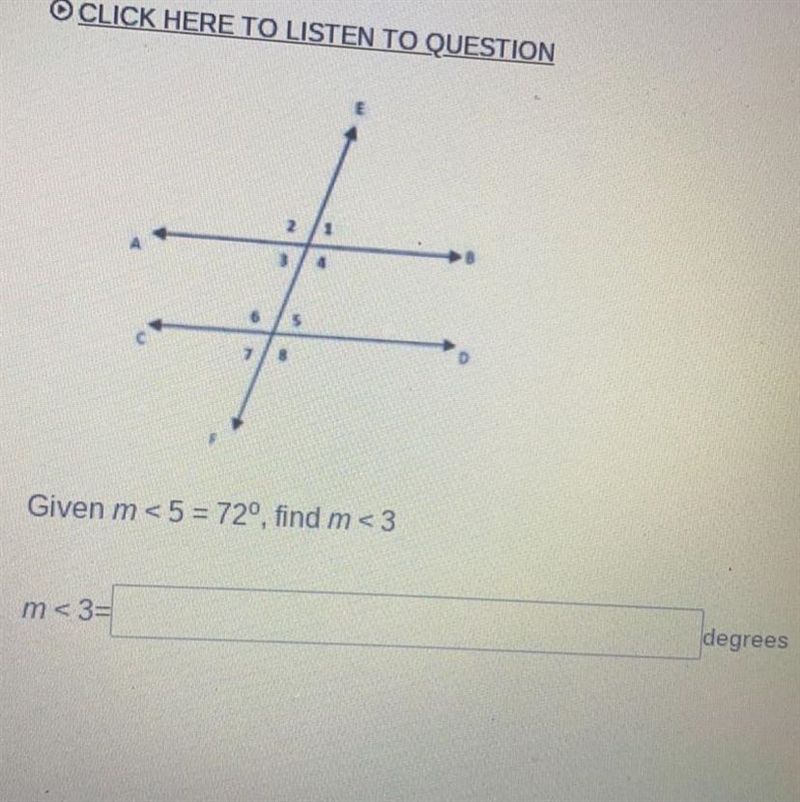 Given m<5=72 ,find m<3-example-1