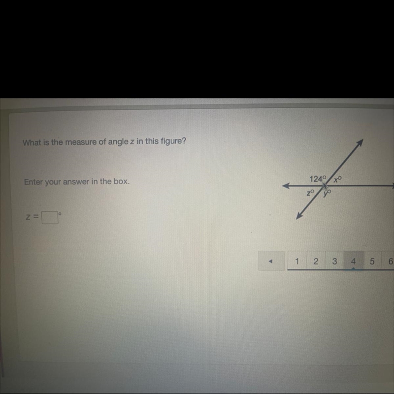 What is the measure of angle z in this figure? Enter your answer in the box. 124º y-example-1