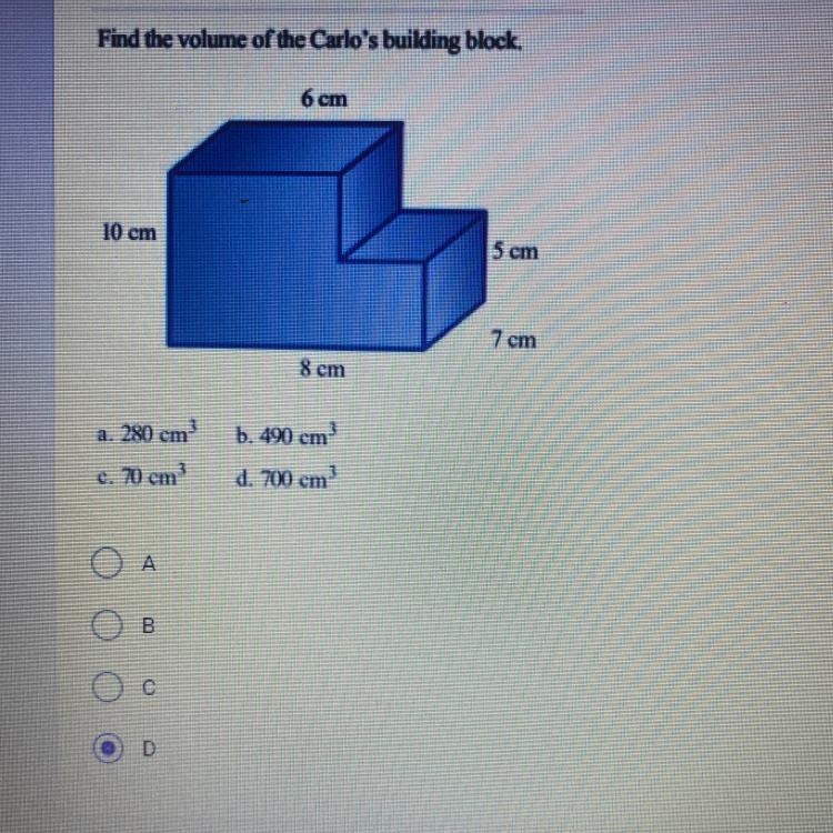 What would be the volume of Carlo’s building block? Please help if can!-example-1