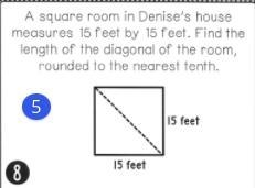 A square room in Denise's house measures 15 feet by 15 feet. Find the length of the-example-1