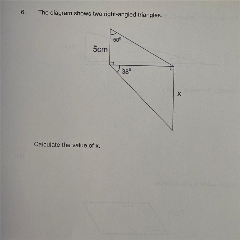 The diagram shows two right-angled triangles. Calculate the value of x.-example-1