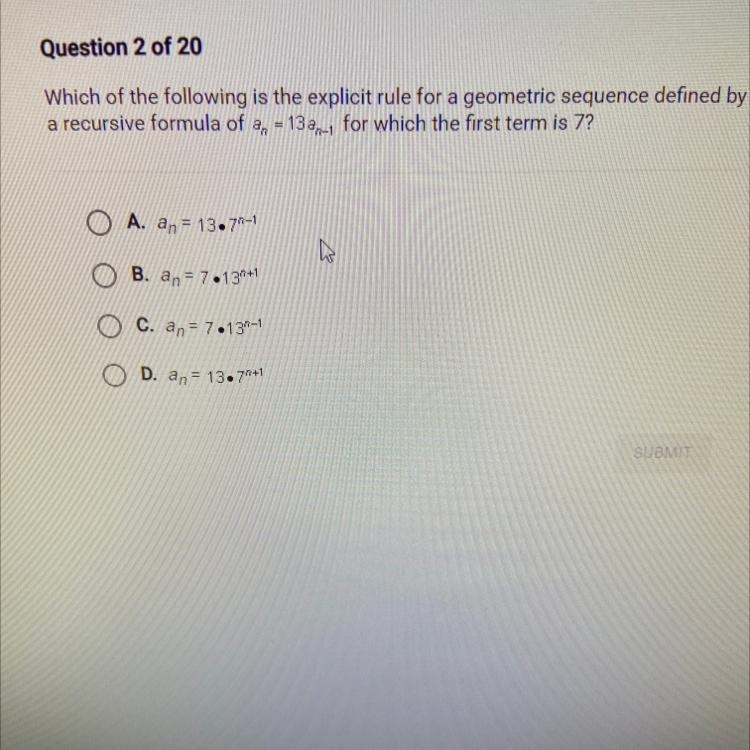 Which of the following is the explicit rule for a geometric sequence defined by a-example-1