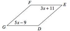 HELP DUE IN 10 MINS! Solve for x in the parallelogram below: x=??-example-1