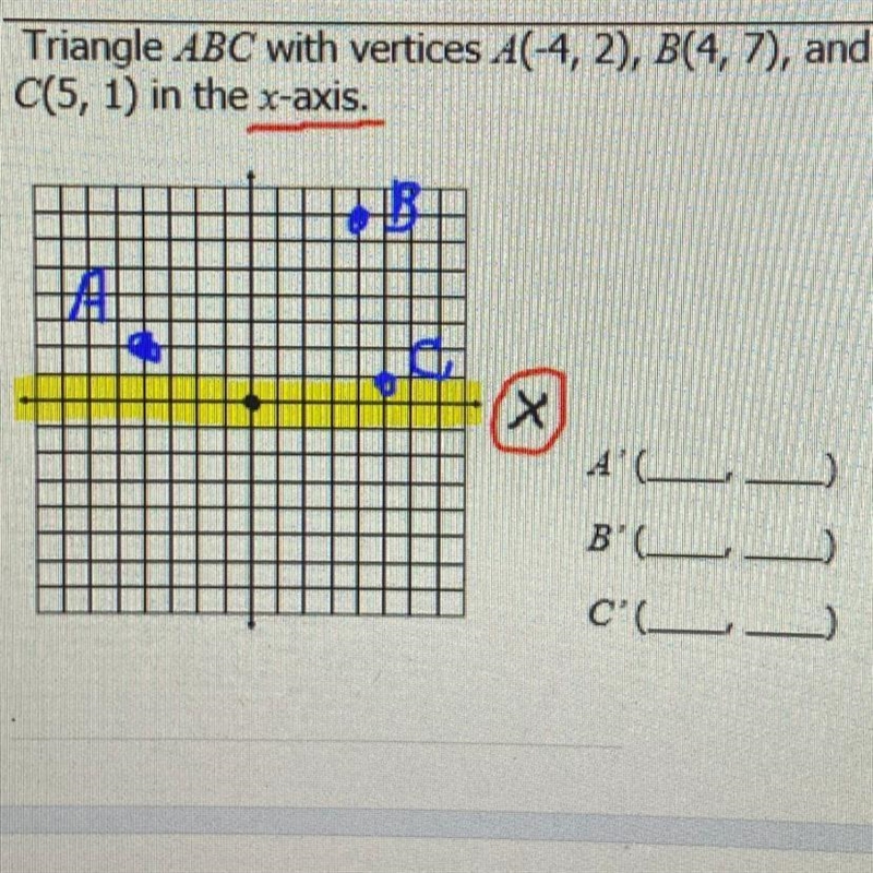 Triangle ABC with vertices A(-4, 2), B(4,7), and C(5, 1) in the x-axis. A’ B’ C’ D-example-1