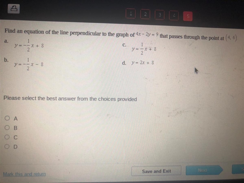 A. Find an equation of the line perpendicular to the graph of 4x – 2y = 9 that passes-example-1