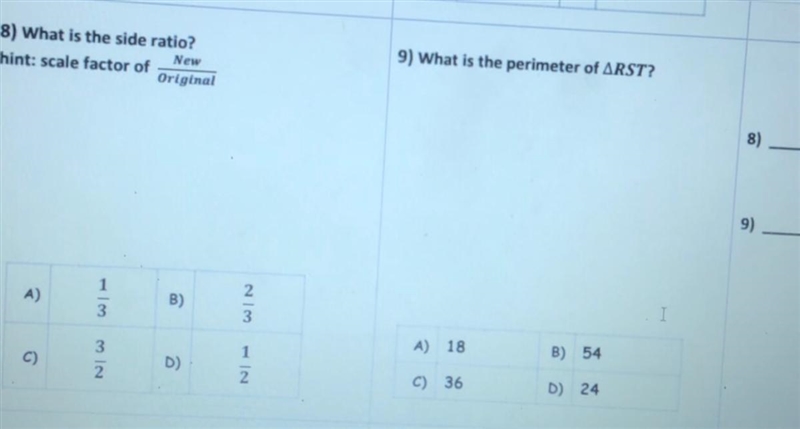 8) what is the side ratio?. 9) what is the perimeter of RST?-example-1