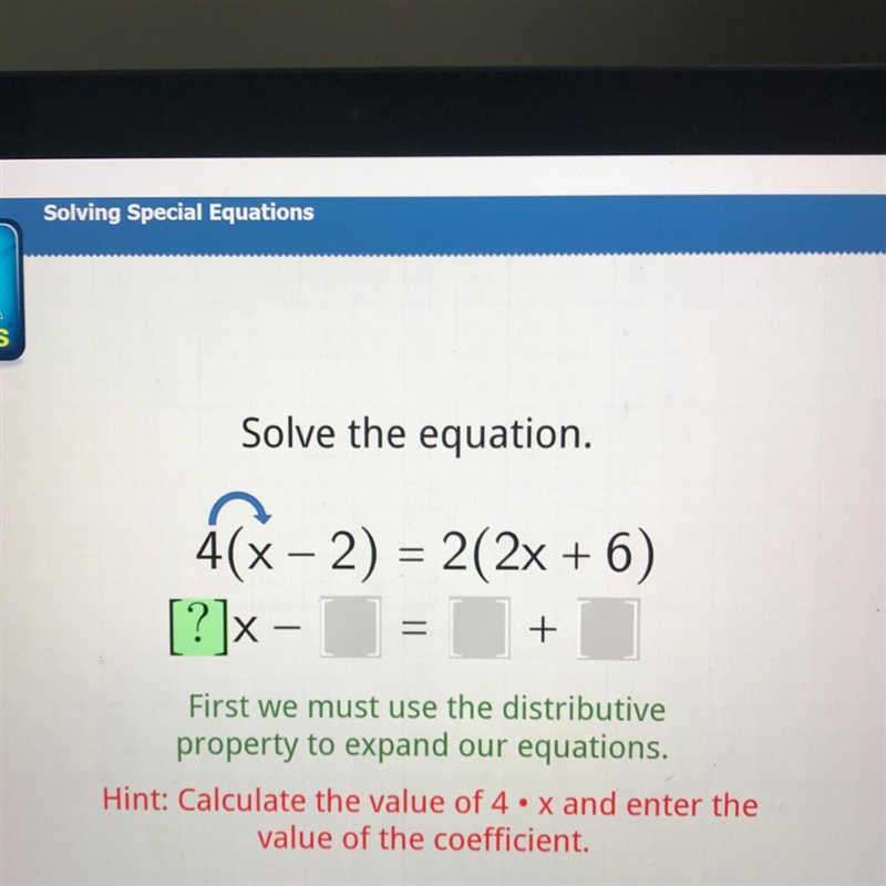 Solve the equation 4(x-2)=2(2x+6)-example-1