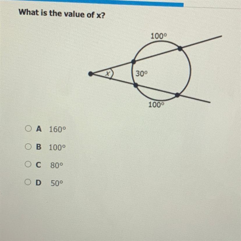 What is the value of x? 1000 + 300 1000 O A 160° o B 100° Ос 800 10 OD 50°-example-1