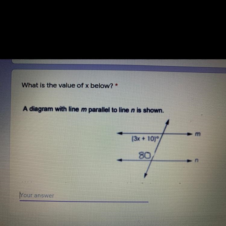 What is the value of x below? * A diagram with line m parallel to line n is shown-example-1