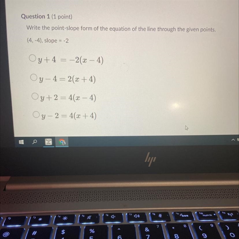 Write the point-slope form of the equation of the line through the given points. (4,-4), slope-example-1