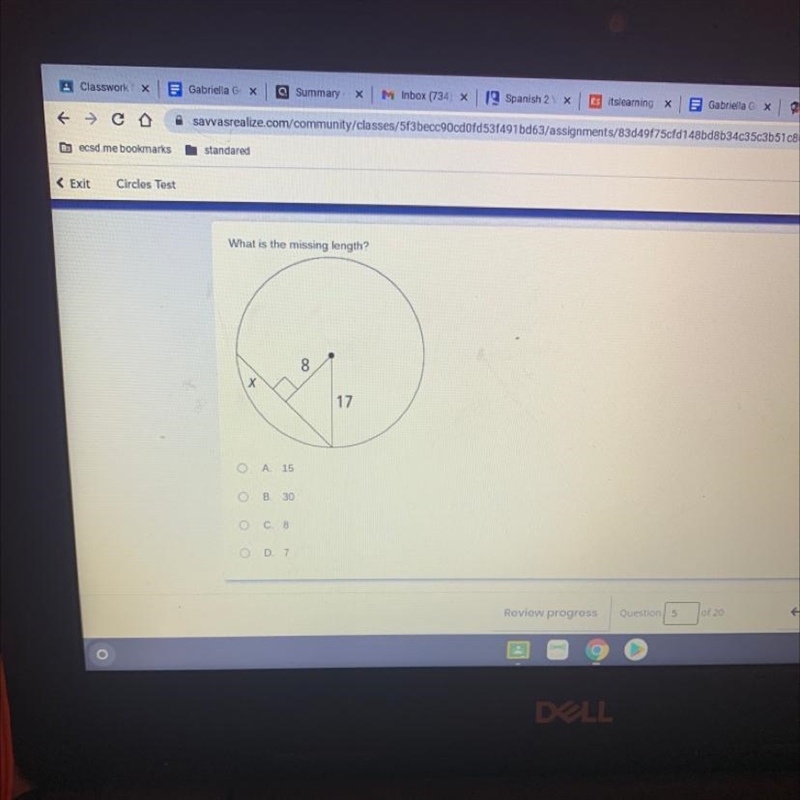 What is the missing length? 8 Х 17 ОА. 15 ОВ. 30 o o o С. 8 0 D. 7-example-1