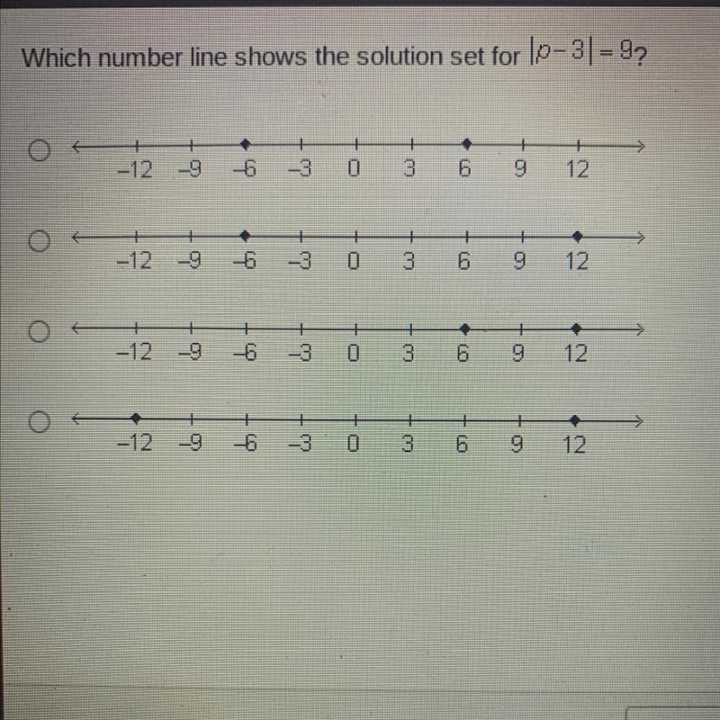 Which number line shows the solution set for Ip-3|= 9?-example-1