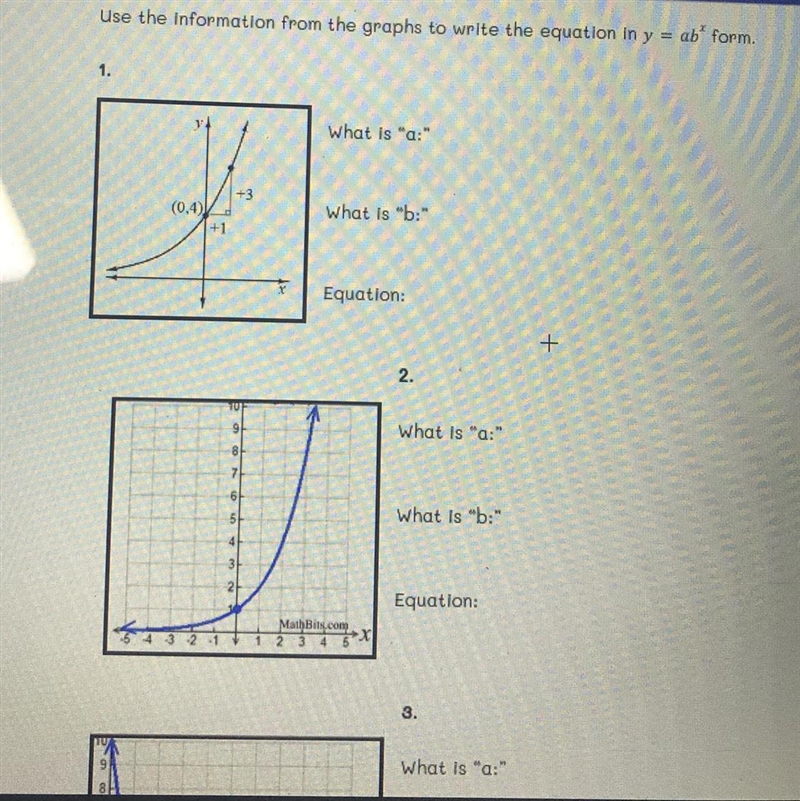 Use the information from the graphs to write the equation in y=ab*^x-example-1