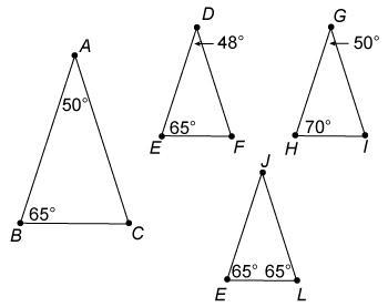 Can someone please help! Which triangle is ​△ABC​ similar to and why? 1.) △ABC is-example-1