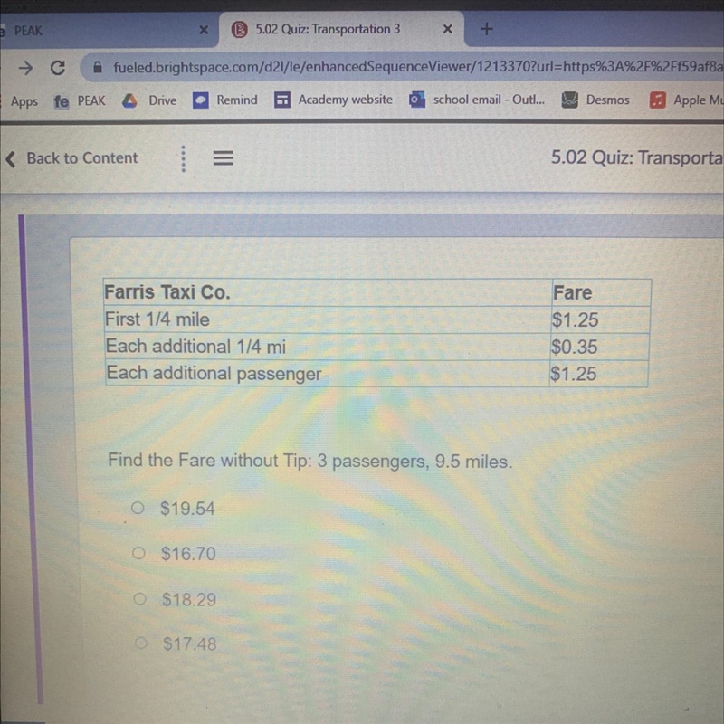 Find the Fare without Tip: 3 passengers, 9.5 miles. O $19.54 O$16.70 O $18.29 O$17.48-example-1