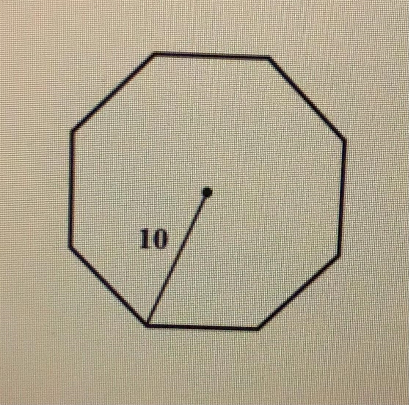 Find the area of the Regular Octagon below and show all mathematical reasoning.-example-1