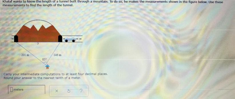 Khalaf wants to know the length of a tunnel built through a mountain. To do so, he-example-1