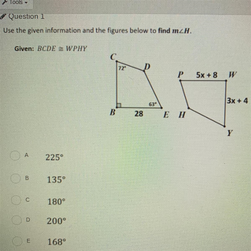 Use the given information and the figures below to find m Given: BCDE = WPHY A: 225 B-example-1