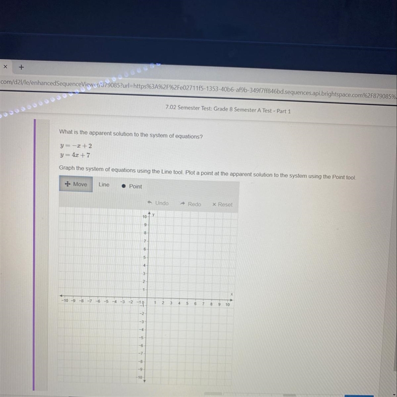 What is the apparent solution to the system of equations? y=-x+2 y -4x +7 Graph the-example-1