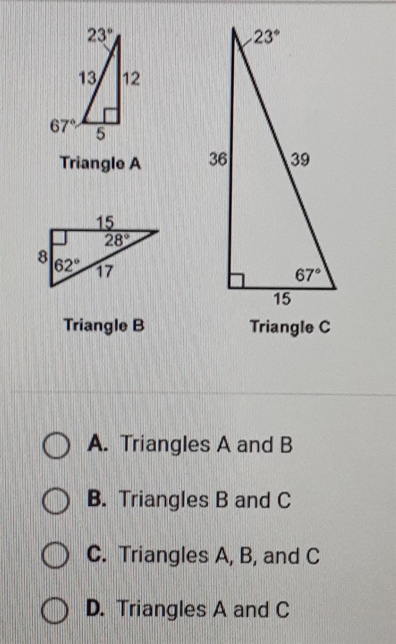 Which triangles are similar? ​-example-1