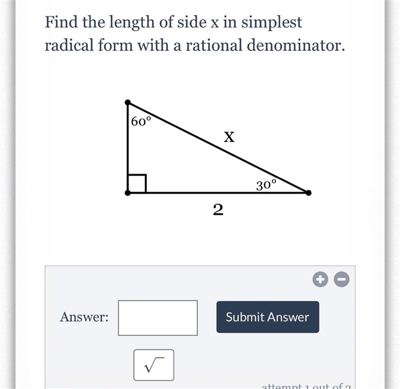 Find the length of x in simplest radical form with a rational denominator-example-1