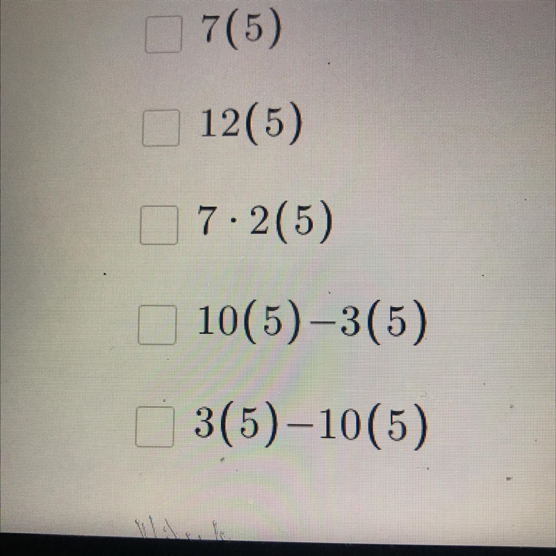 Select all of the expressions that are equivalent to 4(5) + 3 (5).-example-1