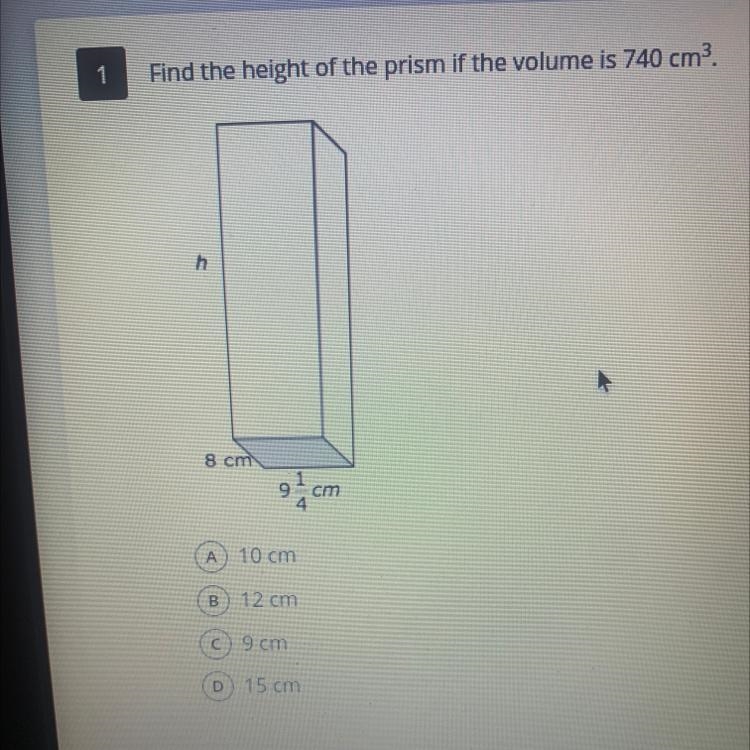 Find the height of the prism is the volume is 740cm cubed edulastic-example-1