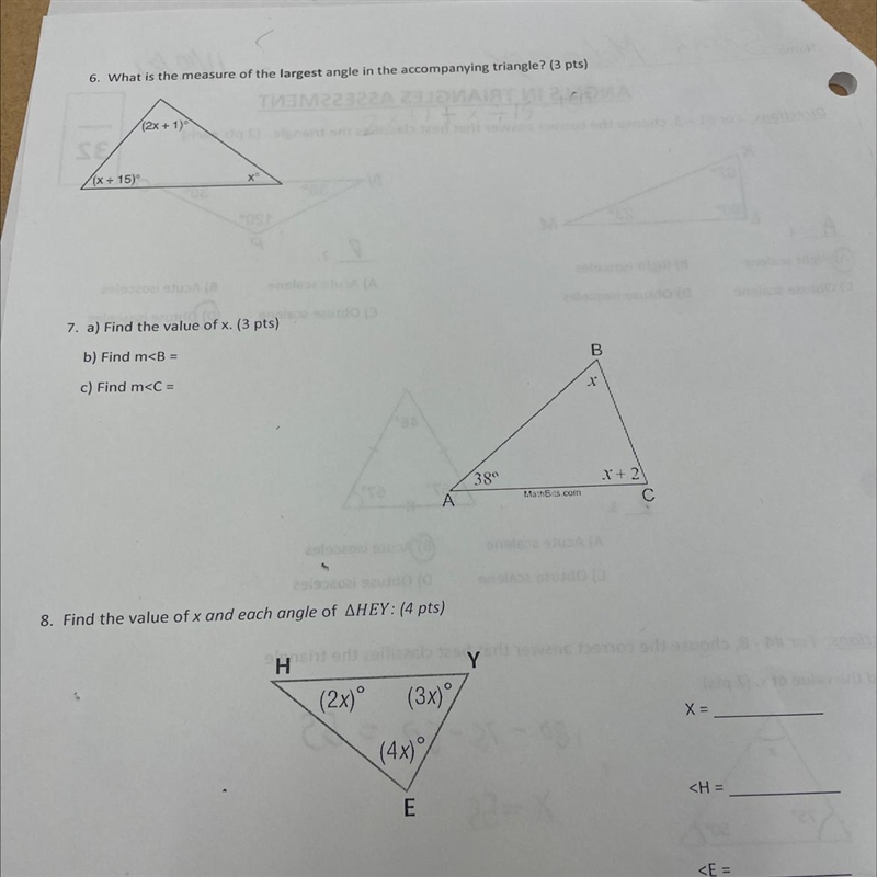 7. a) Find the value of x. (3 pts) b) Find m B c) Find m X 380 x + 2 с Mathits.com-example-1