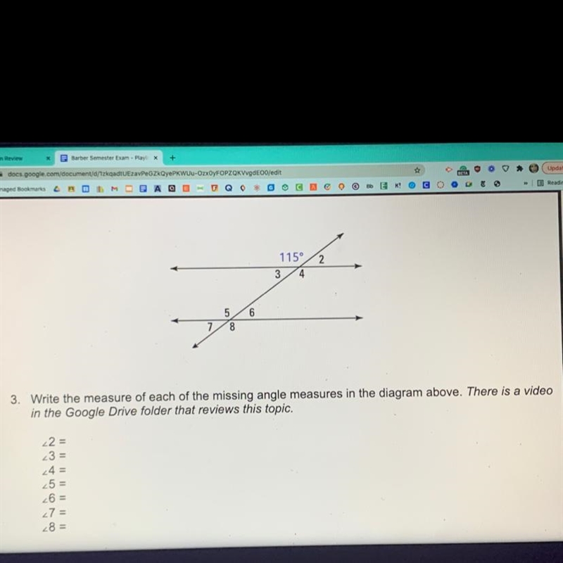 Write the measure of each of the missing angle measures in the diagram above.-example-1