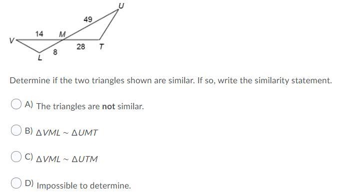 Determine if the two triangles shown are similar. If so, write the similarity statement-example-1