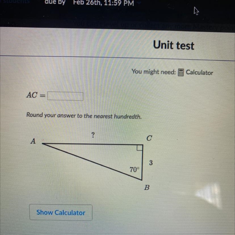 AC Round your answer to the nearest hundredth. ? с A 3 70° B-example-1