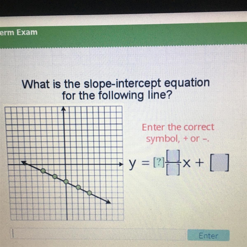 What is the slope-intercept equation for the following line? Enter the correct symbol-example-1