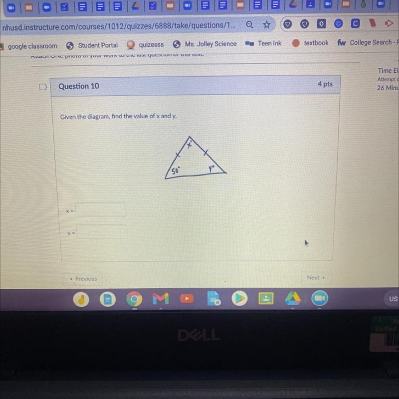 Question 10 4 pts Given the diagram, find the value of x and y. 50" X-example-1