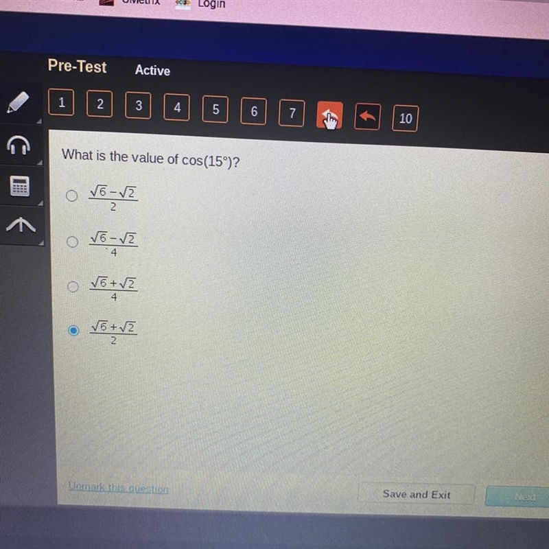 What is the value of cos(15degrees)? a. root6 - root2/2 b. root6 - root2/4 c. root-example-1