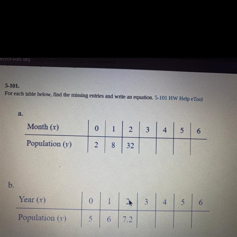 A Month (x) 0 1 2 3 4 5 6 Population (v) 2 8 32-example-1