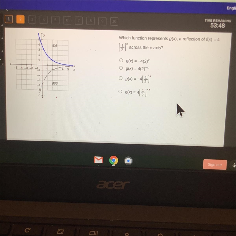 Which function represents g(x), a reflection of f(x) = 4 () across the x-axis? 100 2 -5- - -2 - 5 x-example-1