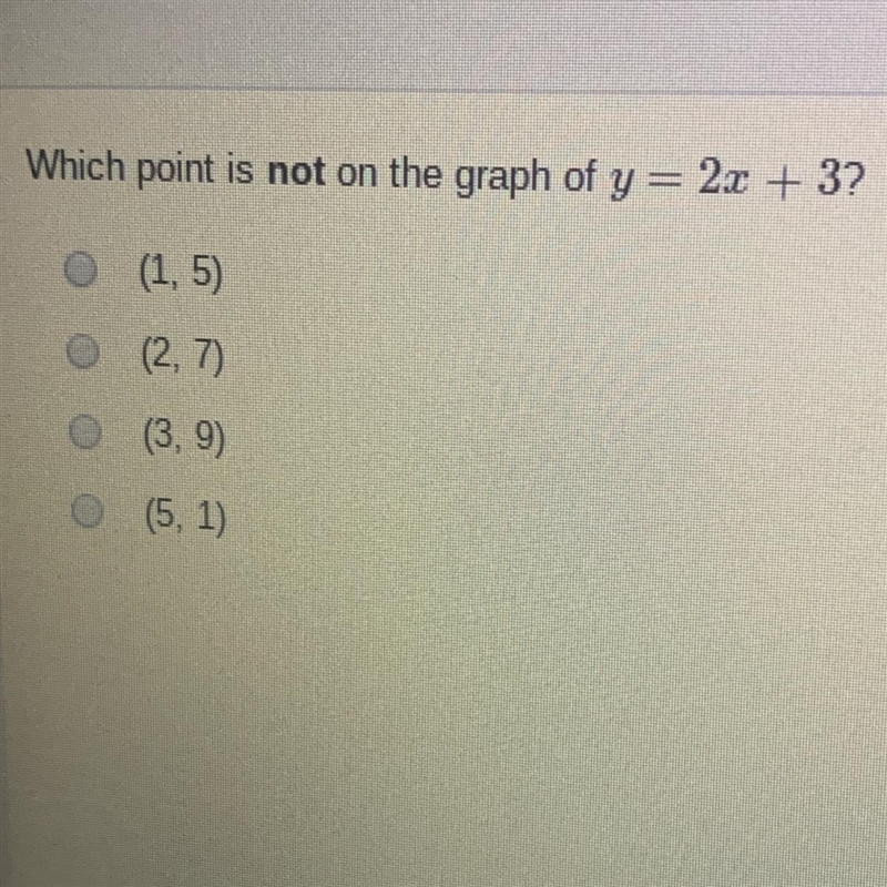 Which point is not on the graph of y =2x + 3?-example-1