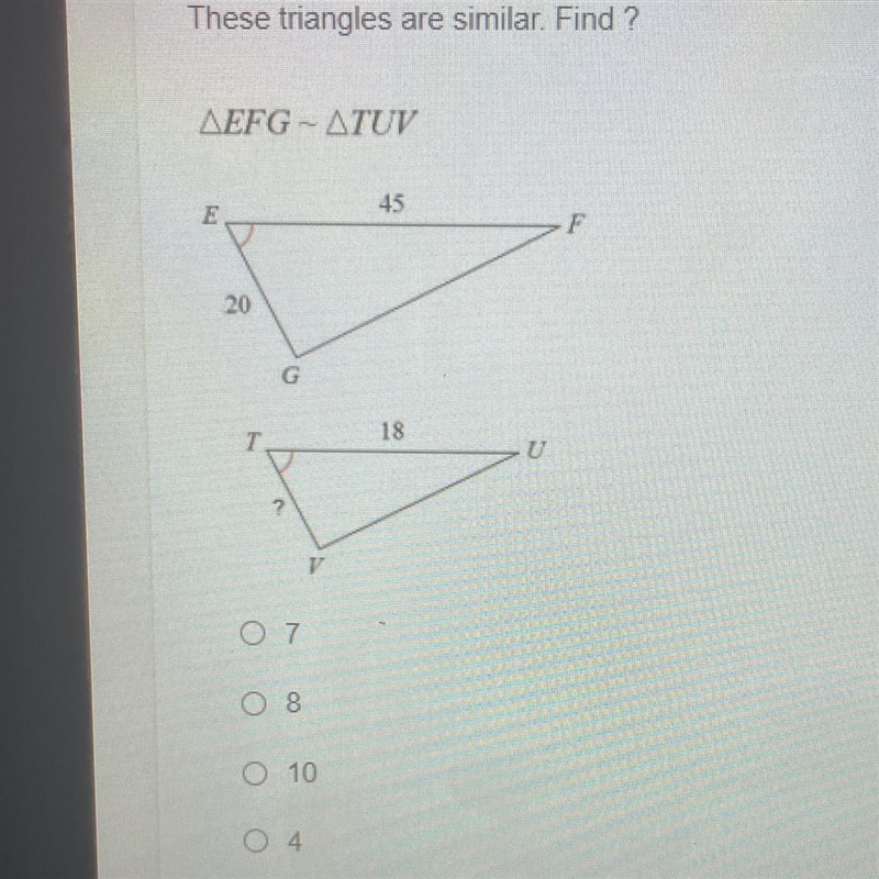 These triangles are similar. Find? EFG ~ TUV-example-1