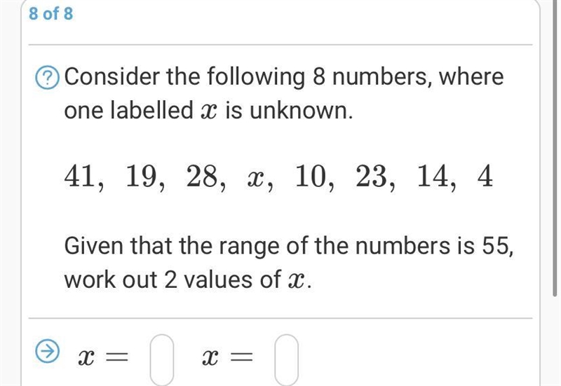 Consider the following 8 numbers, where one labelled x is unknown. 41 , 19 , 28 , x-example-1