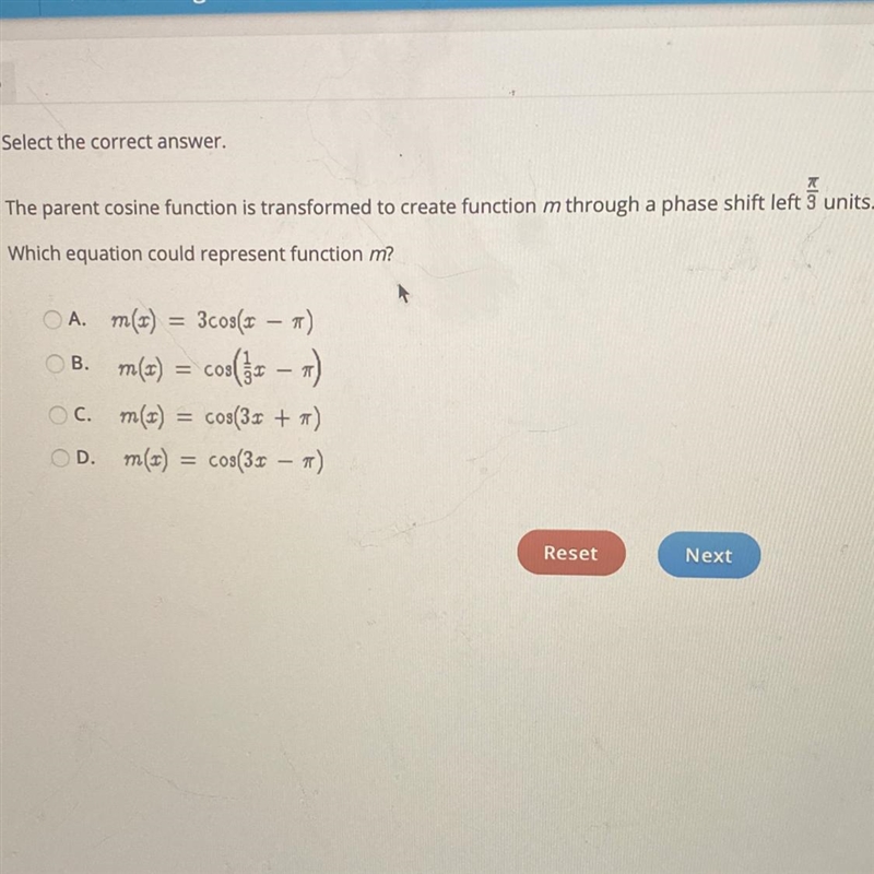 PLEASE ANSWER QUICKLY Select the correct answer. The parent cosine function is transformed-example-1