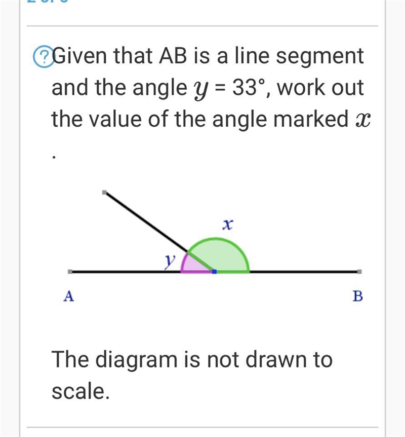 Given that AB is a line segment and the angle y = 33°, work out the value of the angle-example-1