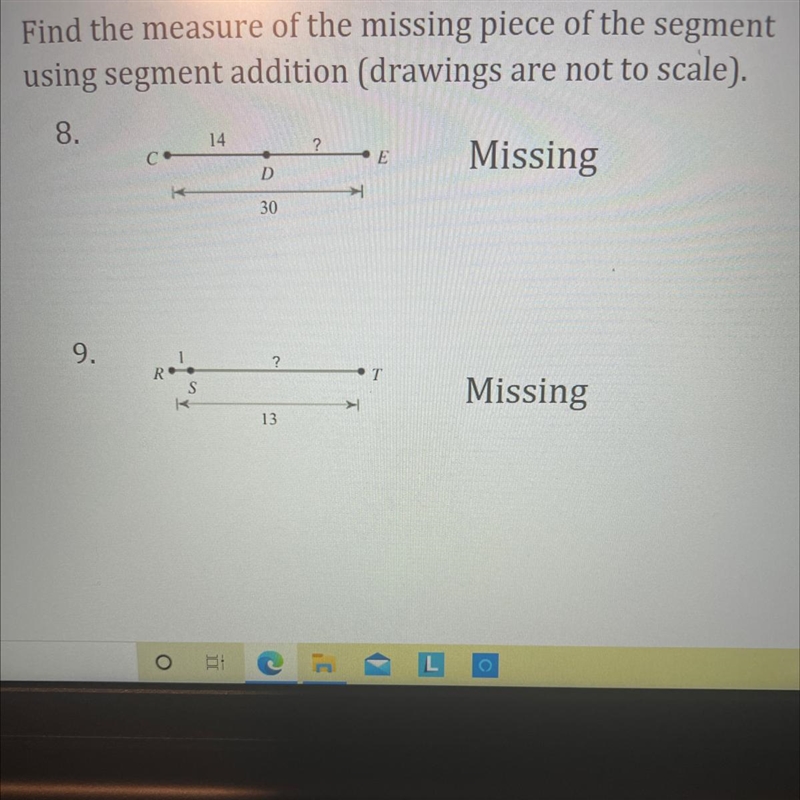 Find the measure of the missing piece of the segment using segment addition (drawings-example-1