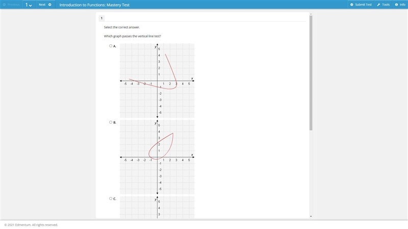 Which graph passes the vertical line test? A. B. C. D.-example-2