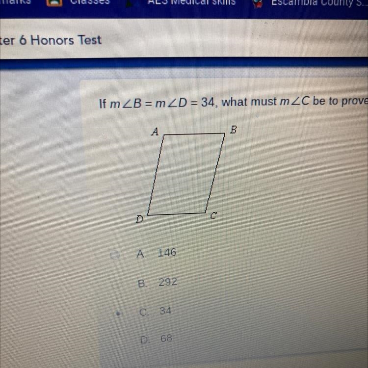 If m angle B=m angle D=34 , A what must m angle C be to prove quadrilateral ABCD is-example-1