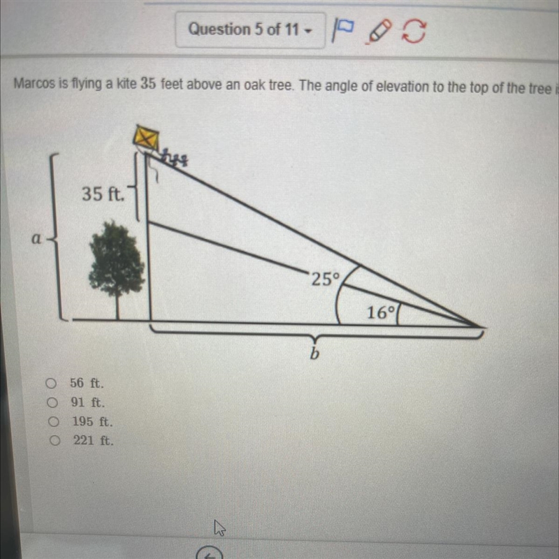 Marcos is flying a kite 35 feet above an oak tree. The angle of elevation to the top-example-1